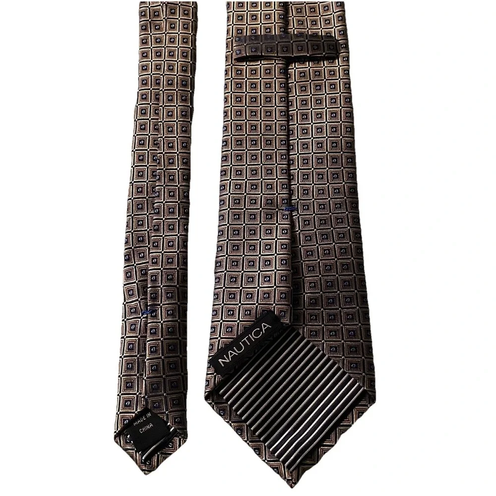 Nautica Men's 100% Silk Neck Tie Geometric Squares Gold‎ & Blue 58